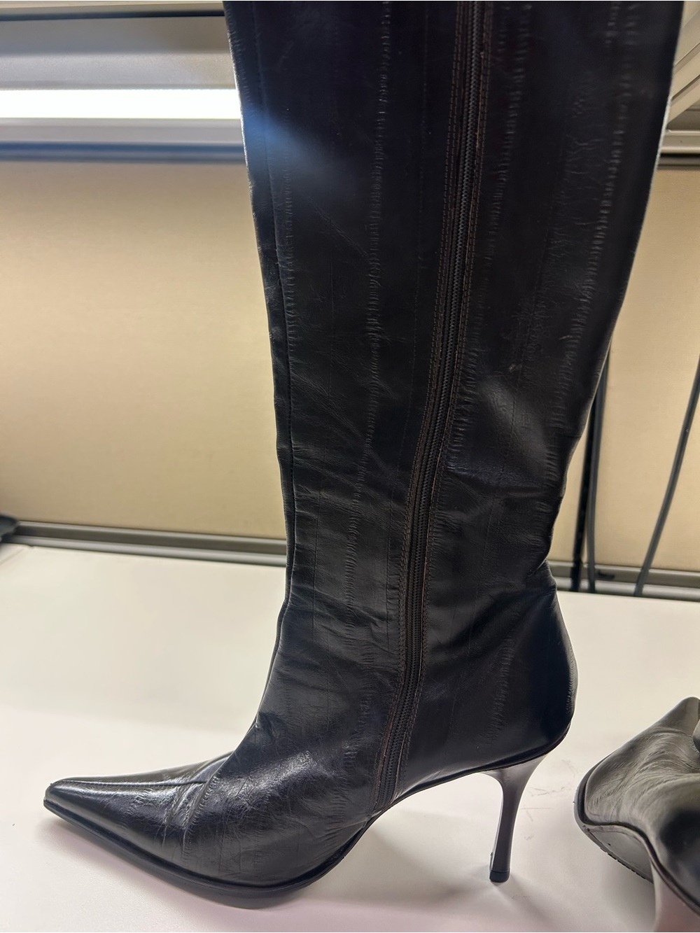 Aldo croc embossed brown leather pointy toe knee high boots.